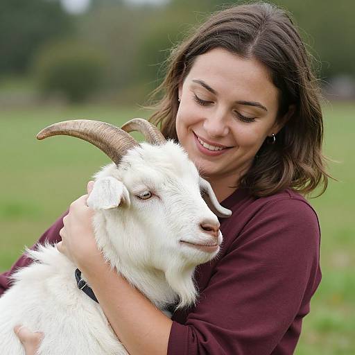 Woman Cradling Goat in Greenery