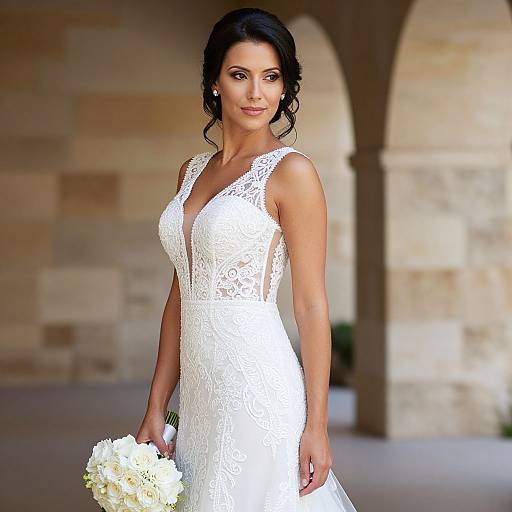 Photograph of a beautiful woman with dark hair in an elegant, lace, deep V-neck white wedding dress, holding a bouquet of white flowers, standing