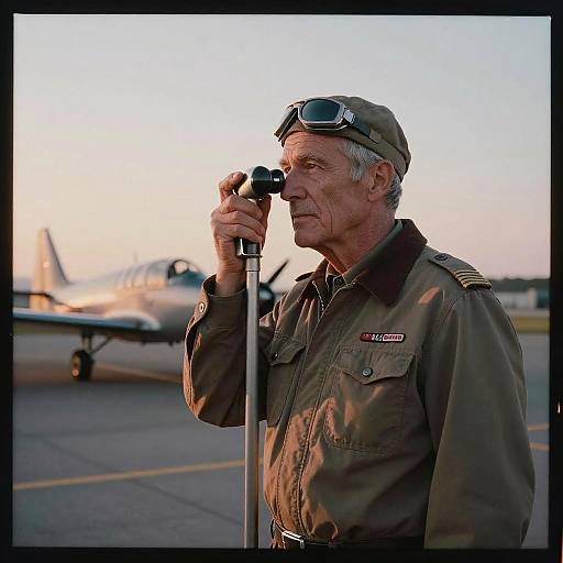 Retired Pilot at Vintage Airfield Sunset