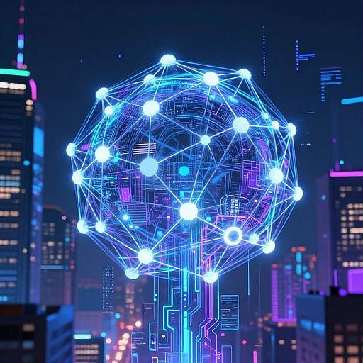 Digital CGI of a glowing blue and white geometric sphere with interconnected lines, set against a neon-lit, futuristic cityscape background.