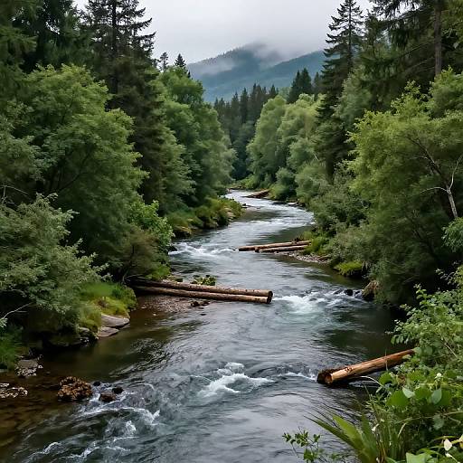 Photograph of a lush, green forest with a flowing river, scattered logs, and misty mountains in the background.