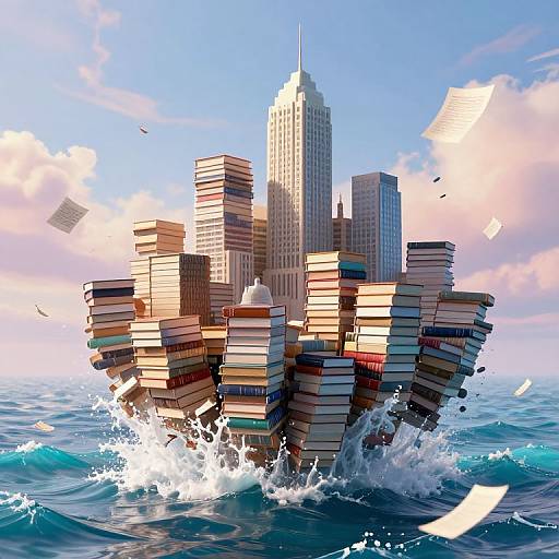 Digital illustration of a floating city made of stacked books rising from ocean waves, with skyscrapers and papers flying in the bright blue sky.