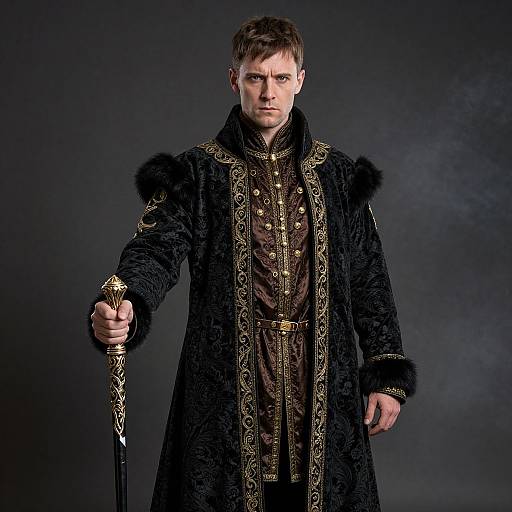 Photograph of a stern-looking man in a black, ornate fur-lined coat holding an intricately designed gold staff, against a dark gray background.