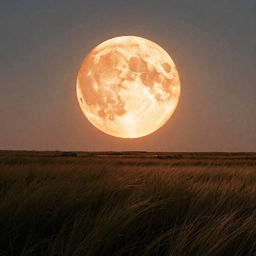 Giant Orange Moon Over Grassy Field