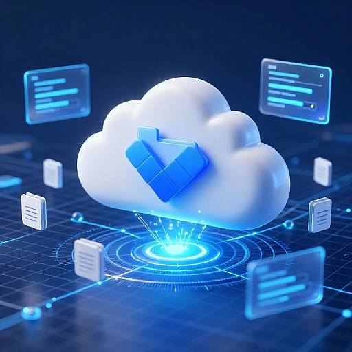 Digital illustration of a glowing blue cloud icon centered over a blue grid, surrounded by floating text boxes, emitting bright blue energy.