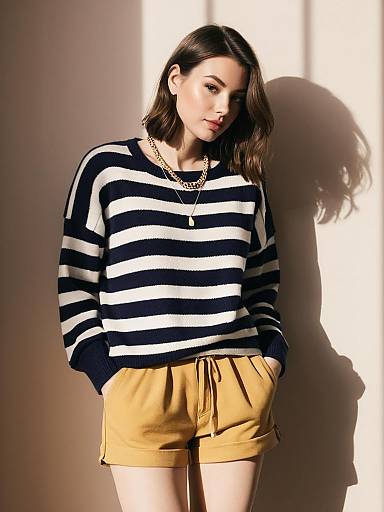 Young Woman in Striped Sweater and Mustard Shorts