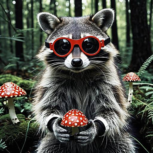 Raccoon with Goggles Holding Amanita Muscaria Mushroom