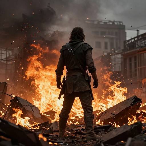 Resilient Figure Amid Fiery Chaos