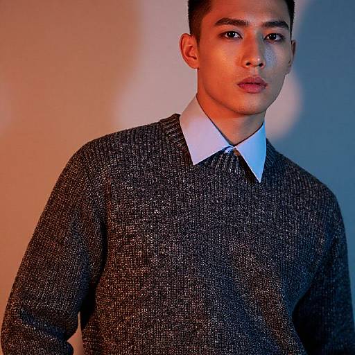 Photograph of a young Asian man with short black hair, wearing a textured gray sweater with a white collar, lit with blue and orange light against a