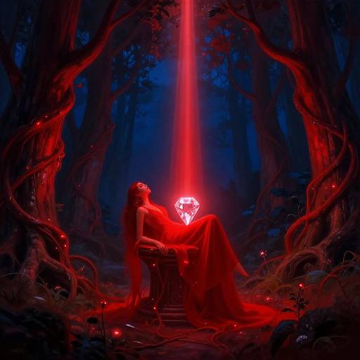 Digital art: Dark forest, red-lit with glowing red tree roots, ethereal woman in red gown, holding glowing red crystal, beams of red
