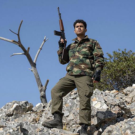Intense Man in Camouflage on Rocky Terrain