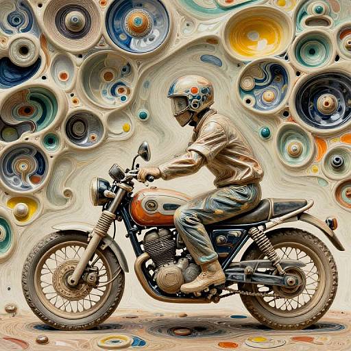 Digital art of a cyclist in a brown helmet and jacket riding a vintage motorcycle, set against a swirling, abstract, colorful background with circular patterns.