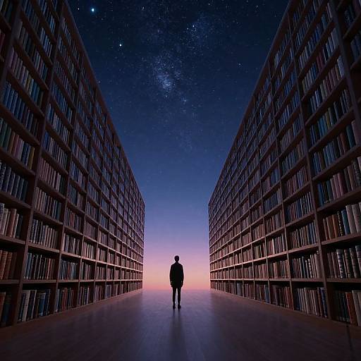 Silhouetted figure stands between towering rows of bookshelves under a starry night sky, with a pink horizon at the base. Digital artwork