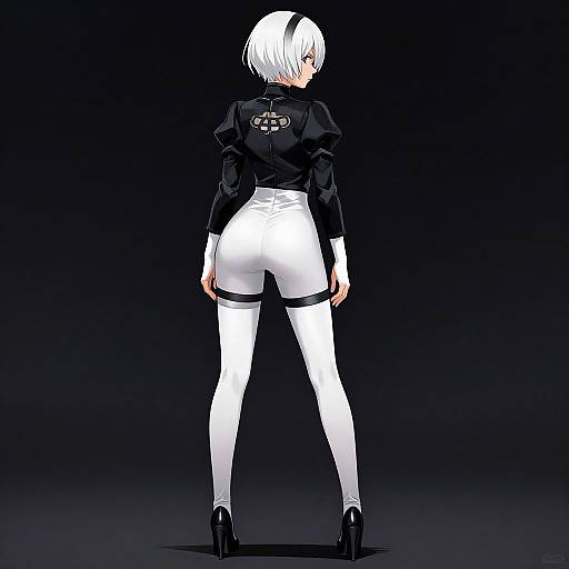 Digital anime-style drawing of a white-haired, pale-skinned woman in black top, white pants, black shoes, garter, and dark background.