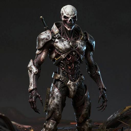 CGI image of a menacing, skeletal, metallic humanoid robot with exposed wires, sharp claws, and a sword on its back, standing in a dark