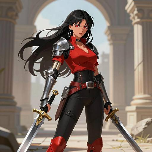 Fierce Female Warrior in Ruined Stone Building