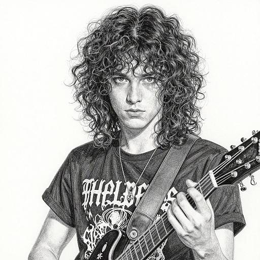 Black-and-white photograph of a curly-haired man with intense gaze, wearing a graphic T-shirt, holding an electric guitar. High-contrast, detailed,