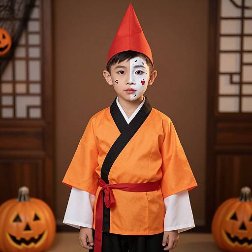 Photograph of a young Asian boy in an orange kimono with black trim, red sash, red cone hat, face paint, standing in front