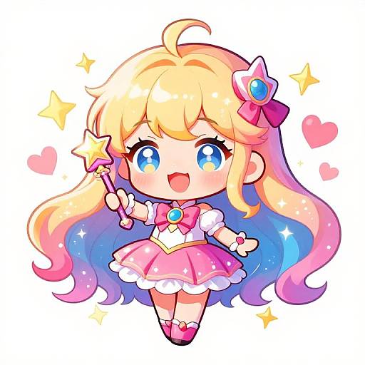 Chibi anime girl with blonde and pink-blue gradient hair, large blue eyes, pink dress, and star wand, smiling joyfully, surrounded by hearts