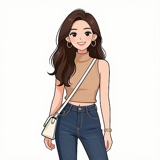 Digital illustration of a smiling Asian woman with long brown hair, wearing a beige sleeveless turtleneck, blue jeans, white crossbody bag, and