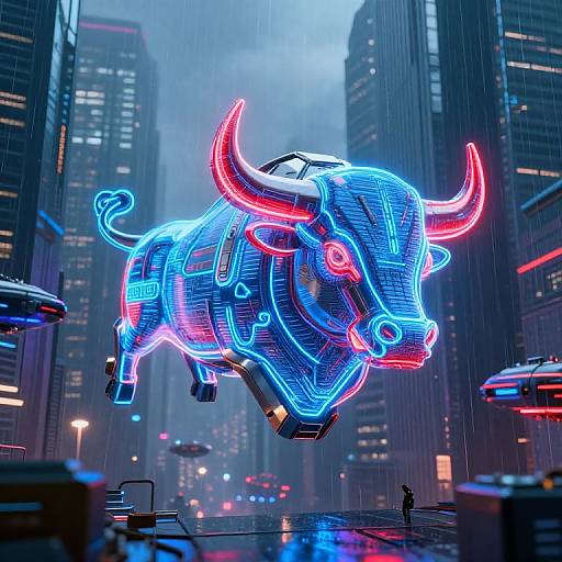 Neon-lit, cyberpunk-style hologram of a blue and red bull with glowing horns, hovering above a rainy, foggy city street surrounded