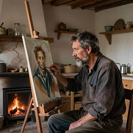 Middle-aged bearded artist with gray hair painting portrait on wooden easel in rustic kitchen with lit fireplace and wooden shelves.