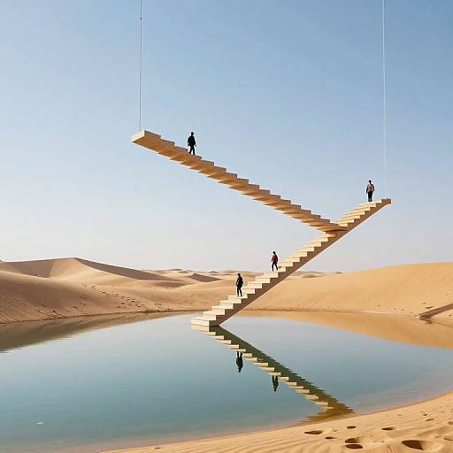 Photograph of three silhouetted figures on a suspended wooden staircase over a reflective oasis in a sunlit desert landscape.