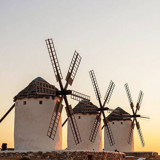 Traditional White-Washed Windmills at Sunset