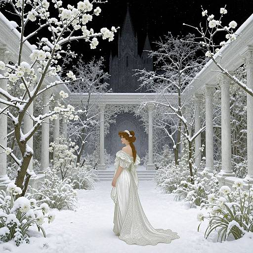 Digital artwork of a woman in a white off-shoulder dress, with brown hair, standing in a snow-covered, magical garden, facing a dark