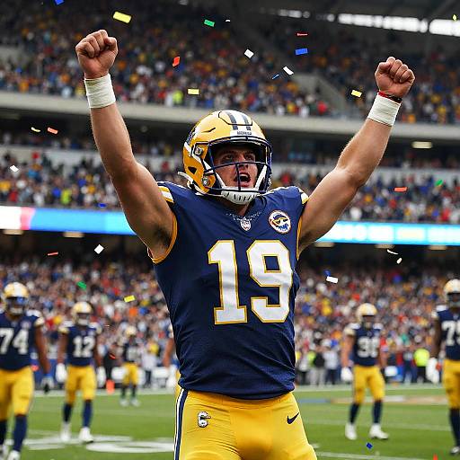 Photograph of a muscular male football player with number 19, wearing a blue and yellow uniform, celebrating with raised arms in a packed stadium. Conf