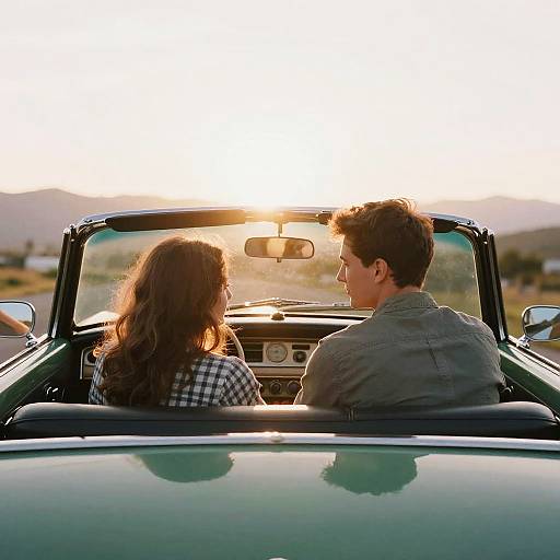 Photograph of a couple in a green convertible, backlit by a sunset, driving through a desert landscape, facing each other.