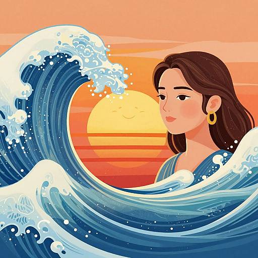 Digital illustration of a brown-haired woman with gold earrings, partially submerged in a large blue ocean wave, against a vibrant sunset background.