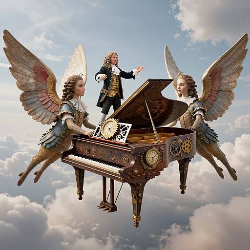 Digital artwork of two winged, classical-era angelic musicians playing a floating, ornate piano with a standing conductor against a cloudy sky.