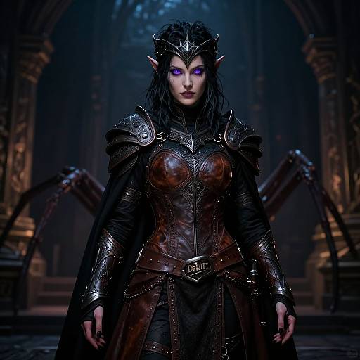 Digital artwork of a dark elf woman with pointed ears, purple eyes, and black armor. She stands in a dimly lit, gothic cathedral with