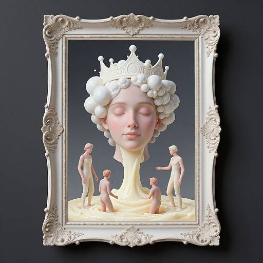 Digital surreal artwork: A white-framed portrait of a serene, crowned woman with foam-like hair, surrounded by small, nude, sculpted figures in