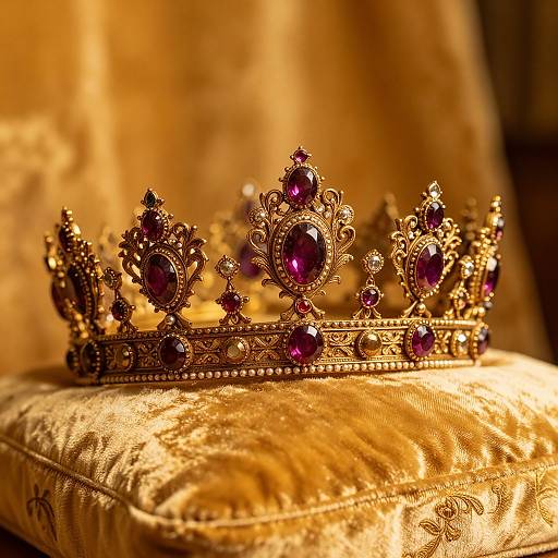 Photograph of an ornate, gold crown adorned with large, deep purple gemstones, resting on a luxurious, gold-embroidered cushion.
