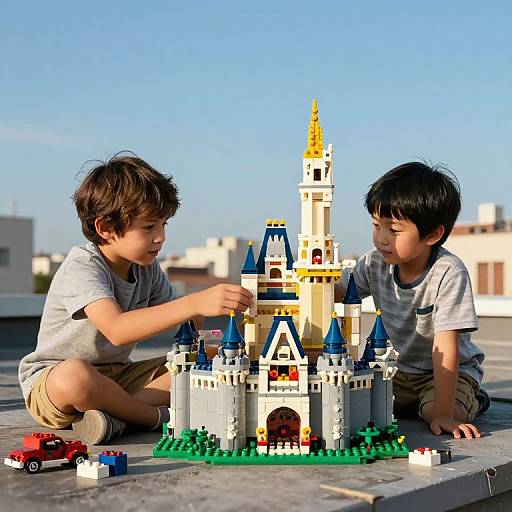 Siblings Building LEGO Castle Rooftop