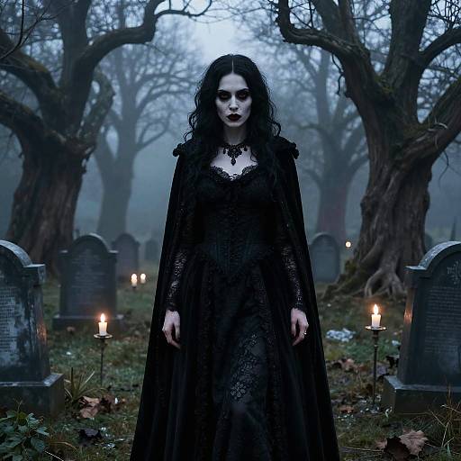 Gothic Woman in Foggy Graveyard