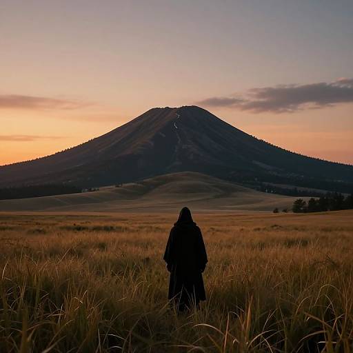 Silhouetted figure in dark clothes stands in tall grass, facing a sunset over a large, dark mountain against a colorful sky. Photograph.