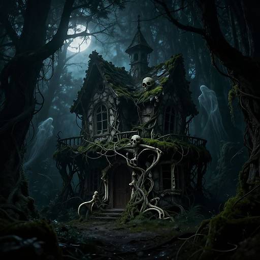 Dark, eerie forest scene with a decrepit, moss-covered house, ghostly figures, twisted vines, and a glowing full moon overhead. Digital artwork