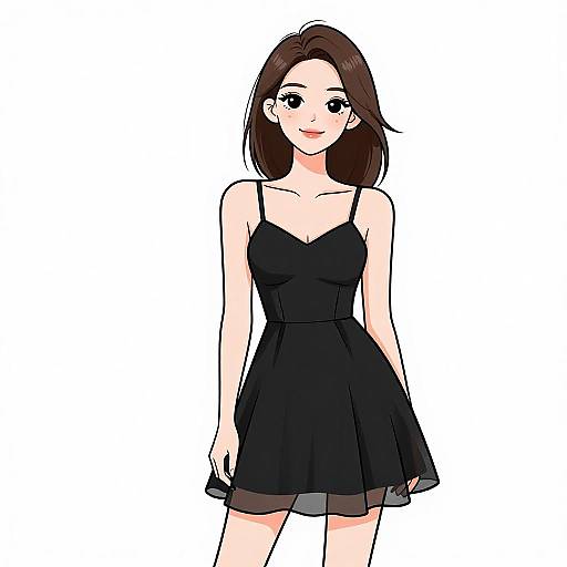 Digital anime-style drawing of a smiling young woman with fair skin, brown hair, wearing a black spaghetti-strap dress and standing against a white background.