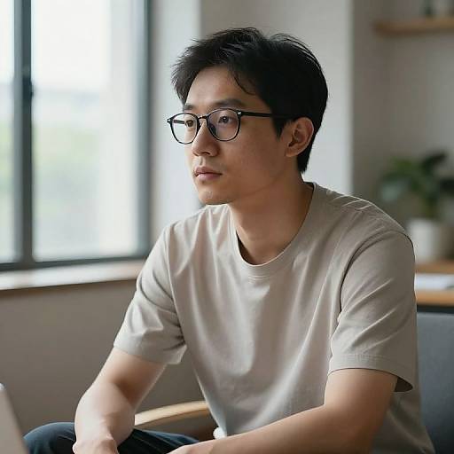 Photograph of an Asian man with short black hair, glasses, and a light gray t-shirt, sitting in a softly lit room.