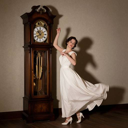 Photograph of a pale-skinned woman in a flowing white dress and white heels, posing gracefully by a tall, dark wooden grandfather clock against a beige