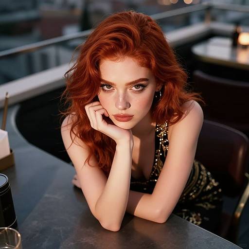 Photograph of a red-haired woman with pale skin, wearing a black sequined dress, leaning on a balcony table, gazing intently, city