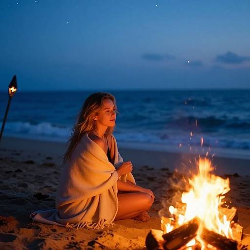 Photograph of a blonde woman in a white shawl, kneeling by a beach campfire at twilight, with the ocean and stars in the background.