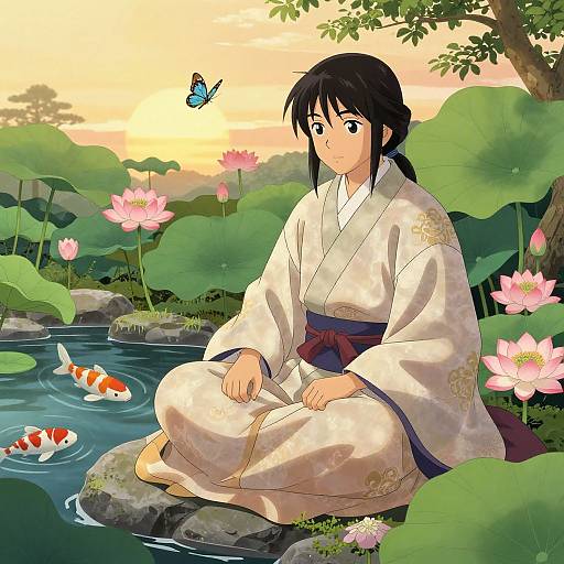 Digital anime-style drawing of a black-haired girl in a white kimono sitting by a pond with koi fish and lotus flowers, a butterfly flies