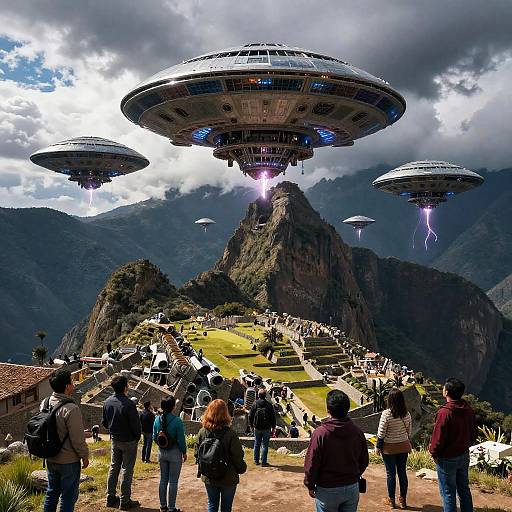 Photograph of tourists at Machu Picchu, with UFOs hovering above, emitting purple lightning. Cloudy sky, mountainous background, ancient stone