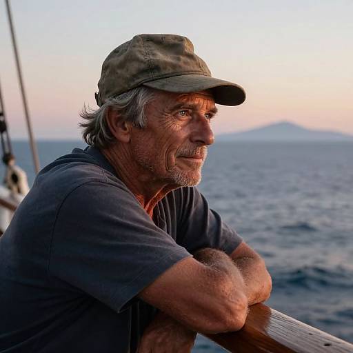 Photograph of an elderly man with weathered skin, gray hair, and a camouflage cap, leaning on a boat's railing at sunset, with a