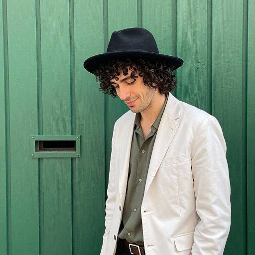 Man with Curly Hair by Green Wall