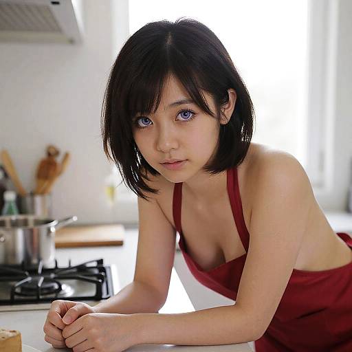 Photograph of a young Asian woman with short black hair, wearing a red apron, leaning over a kitchen counter, looking directly at the camera.